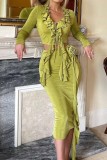 Green Yellow Sexy Solid Color Lace Up V Neck Long Sleeve Two Pieces