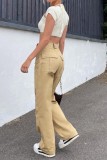 Khaki Casual Solid Color Pocket Straight Mid Waist Straight Solid Color Trousers