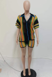 Red Casual Patchwork Contrast V Neck Short Sleeve Two Pieces