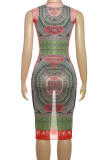 Green Sexy Print Patchwork O Neck Wrapped Skirt Dresses