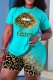 Blue Casual Print Basic O Neck Short Sleeve Two Pieces