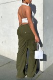 Army Green Casual Solid Color Pocket Patchwork Straight Mid Waist Conventional Solid Color Trousers