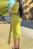 Green Yellow Sexy Solid Color Lace Up V Neck Long Sleeve Two Pieces