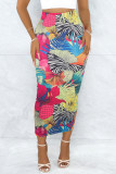 Turquoise Casual Floral Print Slit Skinny High Waist Conventional Full Print Skirts