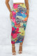 Rose Red Blue Casual Floral Print Slit Skinny High Waist Conventional Full Print Skirts
