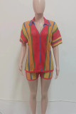 Red Casual Patchwork Contrast V Neck Short Sleeve Two Pieces