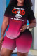 Black Casual Letter Print Ombre Print Basic O Neck Short Sleeve Two Pieces