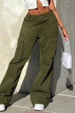 Army Green Casual Solid Color Pocket Patchwork Straight Mid Waist Conventional Solid Color Trousers