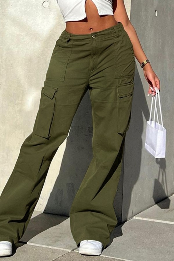 Army Green Casual Solid Color Pocket Patchwork Straight Mid Waist Conventional Solid Color Trousers