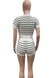 Rose Red Casual Striped Patchwork O Neck Short Sleeve Two Pieces