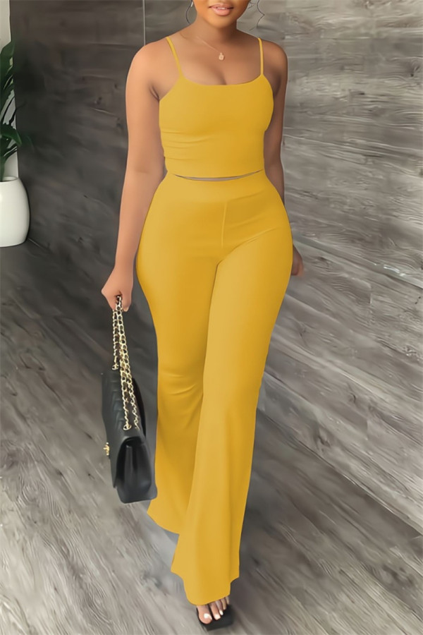 Yellow Sexy Casual Solid Color Backless Spaghetti Strap Sleeveless Two Pieces