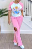 Pink Casual Print Hollow Out Patchwork O Neck Short Sleeve Two Pieces