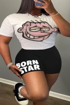 White Casual Print Basic O Neck Short Sleeve Two Pieces