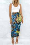 Turquoise Casual Floral Print Slit Skinny High Waist Conventional Full Print Skirts