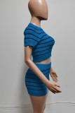 Rose Red Casual Striped Patchwork O Neck Short Sleeve Two Pieces