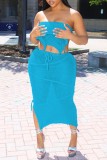 Light Blue Sexy Solid Color Backless Belted Strapless Sleeveless Two Pieces