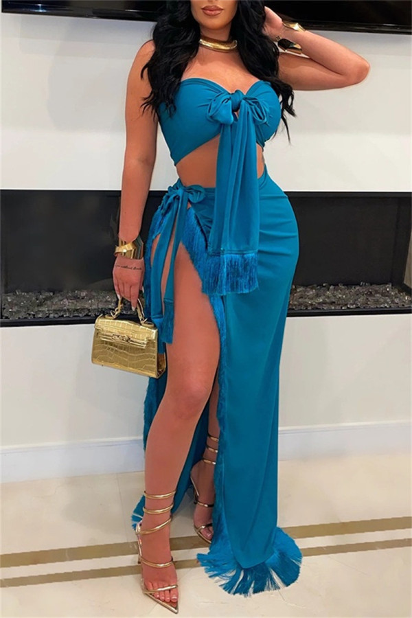 Cyan Sexy Solid Color Fringed Trim Backless Slit Belted Strapless Sleeveless Two Pieces