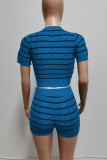 Rose Red Casual Striped Patchwork O Neck Short Sleeve Two Pieces