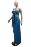 Blue Sexy Solid Color Fringed Trim Backless Slit Belted Strapless Sleeveless Two Pieces