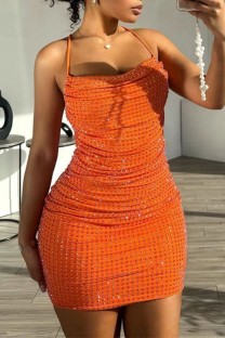 Orange Sexy Solid Color Backless Hot Drill Spaghetti Strap Wrapped Skirt Dresses