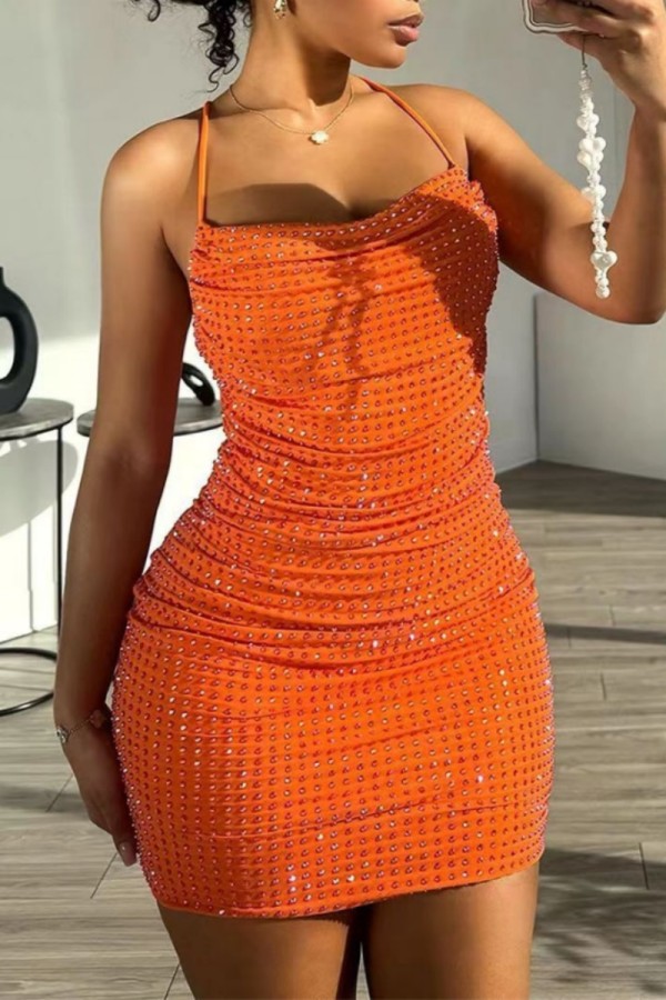 Orange Sexy Solid Color Backless Hot Drill Spaghetti Strap Wrapped Skirt Dresses