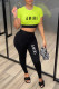 Fluorescent Green Casual Street Letter Print Contrast O Neck Short Sleeve Two Pieces