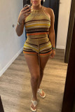 Grey Sexy Casual Stripe Backless Belted Contrast Halter Sleeveless Two Pieces