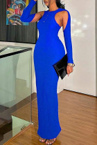 Blue Celebrities Solid Color Hollow Out Patchwork O Neck Long Dresses