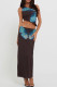 Black Sexy Print Patchwork Backless Oblique Collar Sleeveless Two Pieces