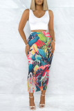 Turquoise Casual Floral Print Slit Skinny High Waist Conventional Full Print Skirts