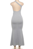 Rose Red Celebrities Solid Color Patchwork Oblique Collar Long Dresses