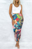 Turquoise Casual Floral Print Slit Skinny High Waist Conventional Full Print Skirts