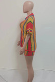Red Casual Patchwork Contrast V Neck Short Sleeve Two Pieces