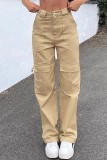 Khaki Casual Solid Color Pocket Straight Mid Waist Straight Solid Color Trousers