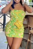 Fluorescent Green Sexy Print Backless Strapless Wrapped Skirt Dresses