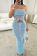 Light Blue Sexy Solid Color Backless Belted Strapless Sleeveless Two Pieces