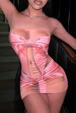 Pink Sexy Print Patchwork Backless Strapless Wrapped Skirt Dresses