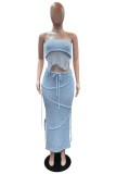 Light Blue Sexy Solid Color Backless Belted Strapless Sleeveless Two Pieces