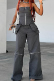 Grey Street Solid Color Pocket Patchwork Zipper Loose Mid Waist Wide Leg Patchwork Bottoms