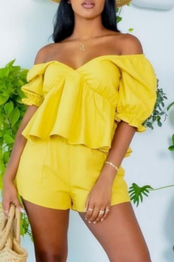Yellow Casual Solid Color Patchwork Off Shoulder Short Sleeve Two Pieces