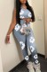 Grey Casual Print O Neck Sleeveless Two Pieces