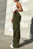 Army Green Casual Solid Color Pocket Patchwork Straight Mid Waist Conventional Solid Color Trousers