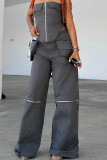 Grey Street Solid Color Pocket Patchwork Zipper Loose Mid Waist Wide Leg Patchwork Bottoms