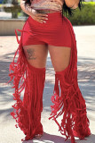 Red Casual Solid Color Fringed Trim Hollow Out Patchwork Skinny Mid Waist Patchwork Bottoms