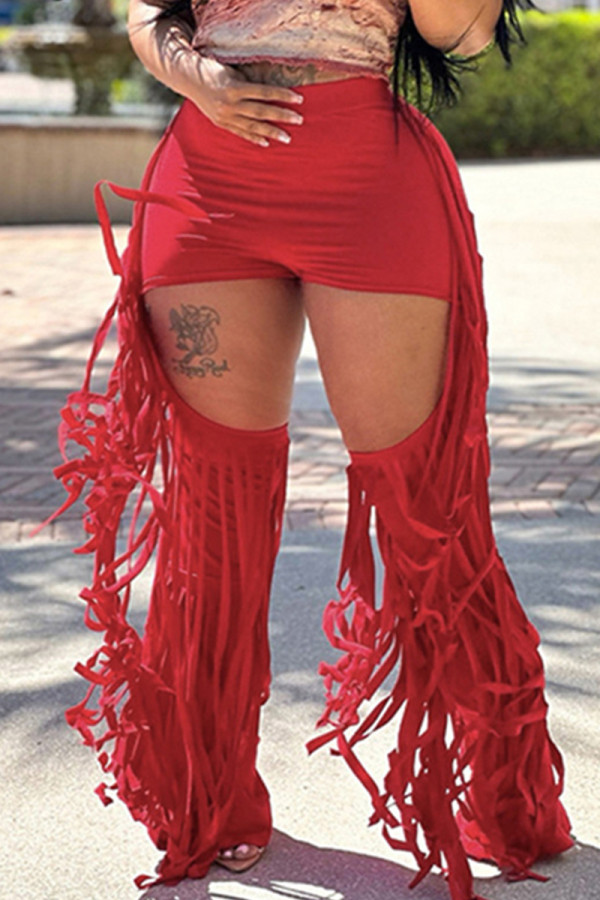 Red Casual Solid Color Fringed Trim Hollow Out Patchwork Skinny Mid Waist Patchwork Bottoms