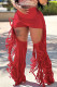 Red Casual Solid Color Fringed Trim Hollow Out Patchwork Skinny Mid Waist Patchwork Bottoms