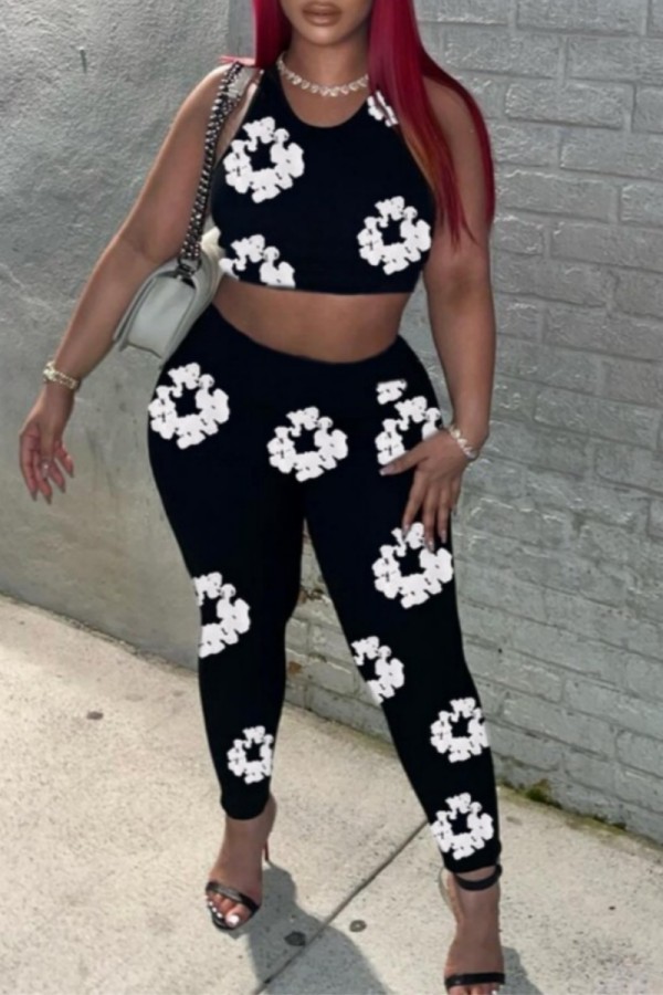 Black Casual Print O Neck Sleeveless Two Pieces