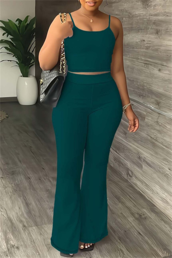 Ink Green Sexy Casual Solid Color Backless Spaghetti Strap Sleeveless Two Pieces