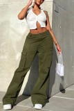 Army Green Casual Solid Color Pocket Patchwork Straight Mid Waist Conventional Solid Color Trousers
