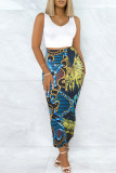 Turquoise Casual Floral Print Slit Skinny High Waist Conventional Full Print Skirts